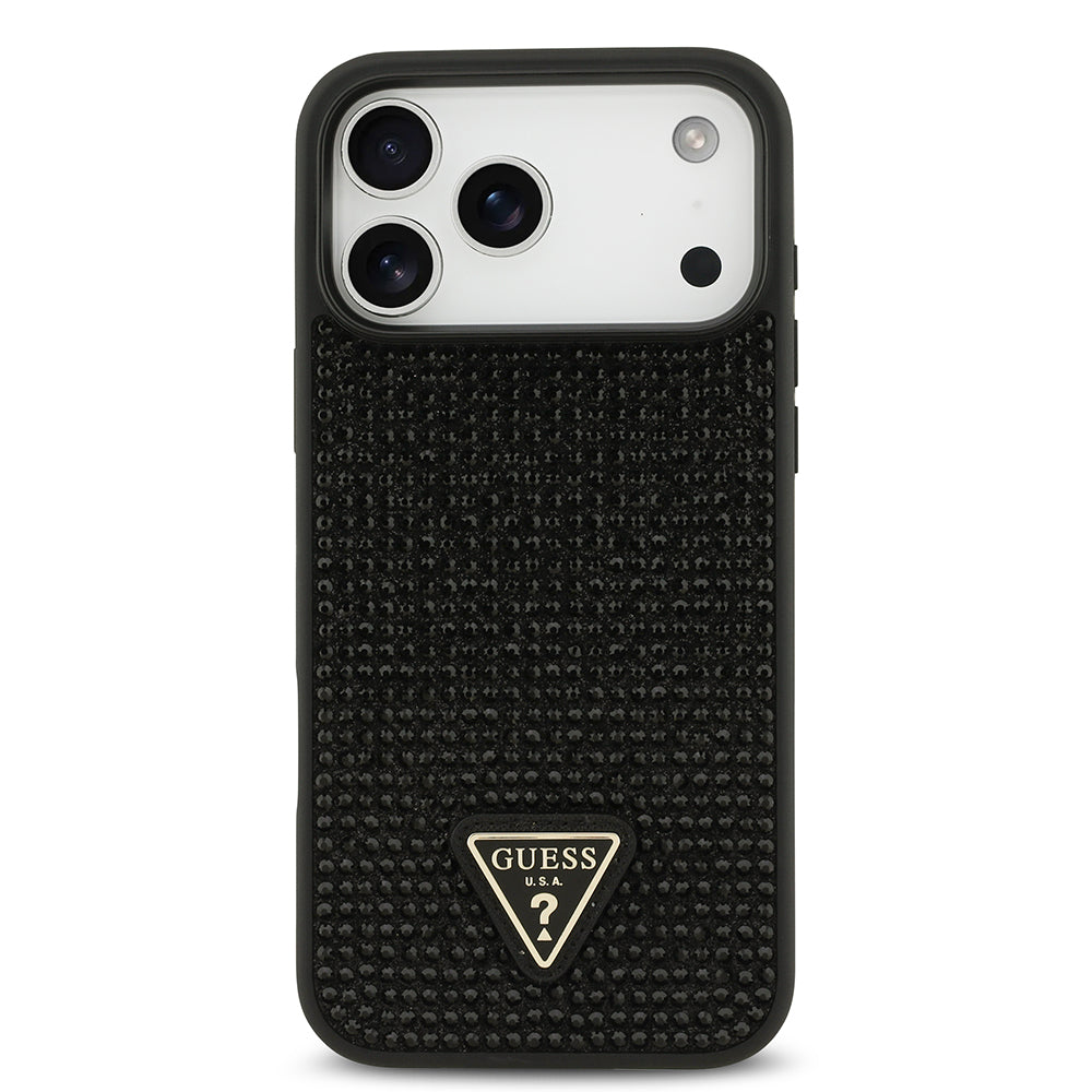 Apple iPhone 17 Pro Max Kılıf Guess Rhinestone Taşlı Üçgen Logolu Kapak Siyah