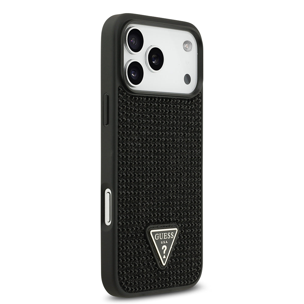 Apple iPhone 17 Pro Max Kılıf Guess Rhinestone Taşlı Üçgen Logolu Kapak Siyah