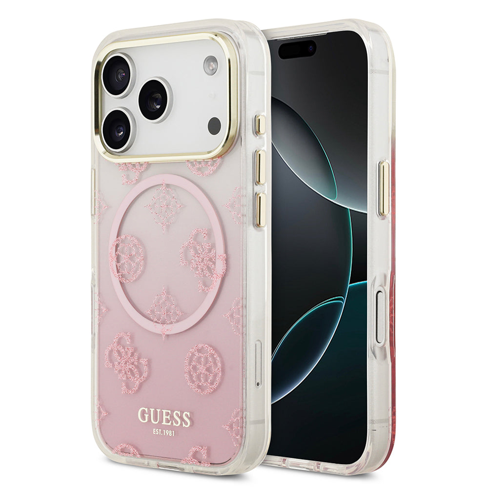 Apple iPhone 17 Pro Max Kılıf Guess Simli Peony Desenli M-safe Şarj Özellikli Sert Silikon Kapak Pembe