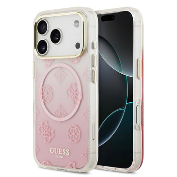 Apple iPhone 17 Pro Max Kılıf Guess Simli Peony Desenli M-safe Şarj Özellikli Sert Silikon Kapak Pembe