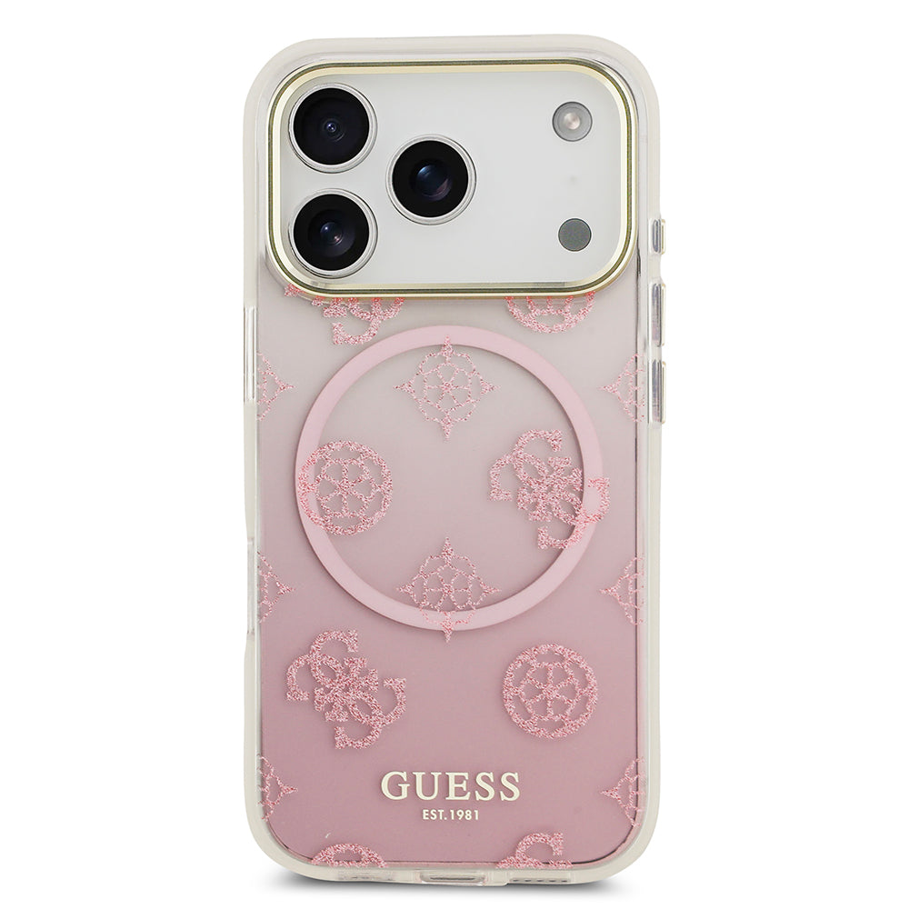 Apple iPhone 17 Pro Max Kılıf Guess Simli Peony Desenli M-safe Şarj Özellikli Sert Silikon Kapak Pembe