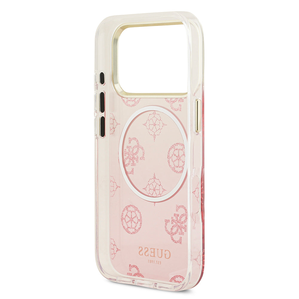 Apple iPhone 17 Pro Max Kılıf Guess Simli Peony Desenli M-safe Şarj Özellikli Sert Silikon Kapak Pembe