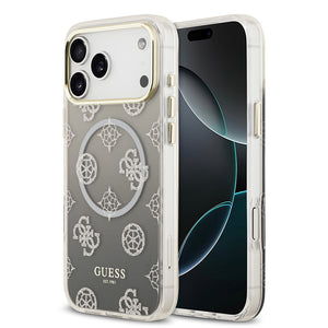 Apple iPhone 17 Pro Max Kılıf Guess Simli Peony Desenli M-safe Şarj Özellikli Sert Silikon Kapak Siyah