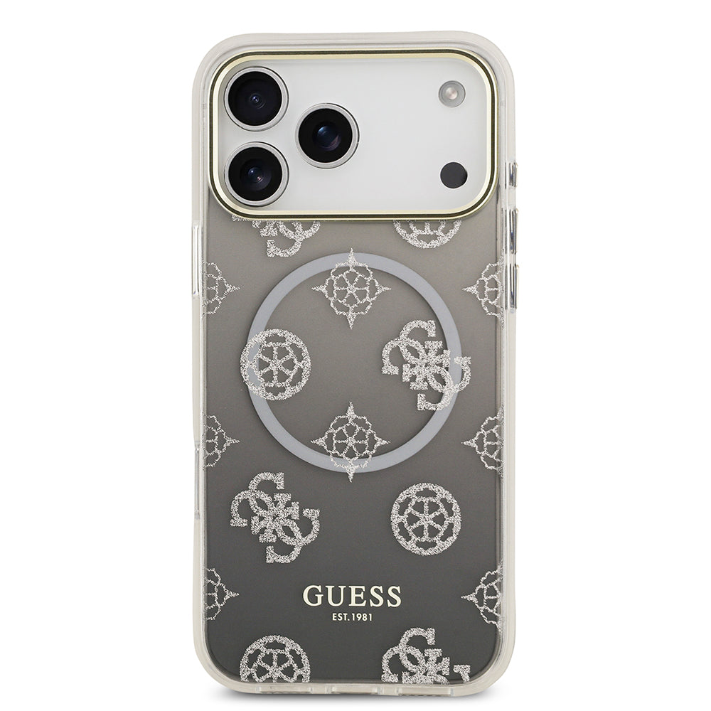Apple iPhone 17 Pro Max Kılıf Guess Simli Peony Desenli M-safe Şarj Özellikli Sert Silikon Kapak Siyah