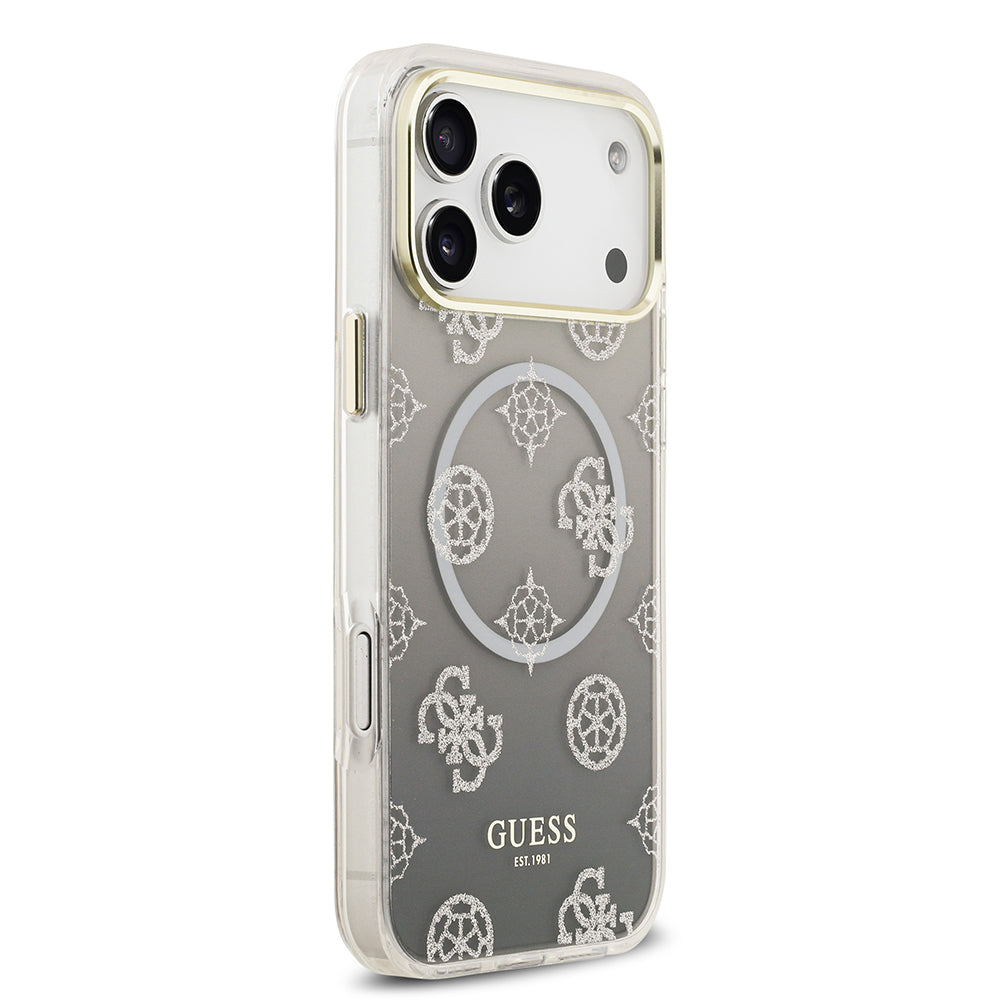 Apple iPhone 17 Pro Max Kılıf Guess Simli Peony Desenli M-safe Şarj Özellikli Sert Silikon Kapak Siyah