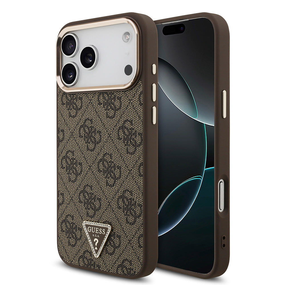 Apple iPhone 17 Pro Max Kılıf M-Safe Şarj Özellikli Guess Gold Metal Kamera Çerçeveli Taşlı Üçgen Logolu Kapak Kahverengi