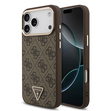 Apple iPhone 17 Pro Max Kılıf M-Safe Şarj Özellikli Guess Gold Metal Kamera Çerçeveli Taşlı Üçgen Logolu Kapak Kahverengi