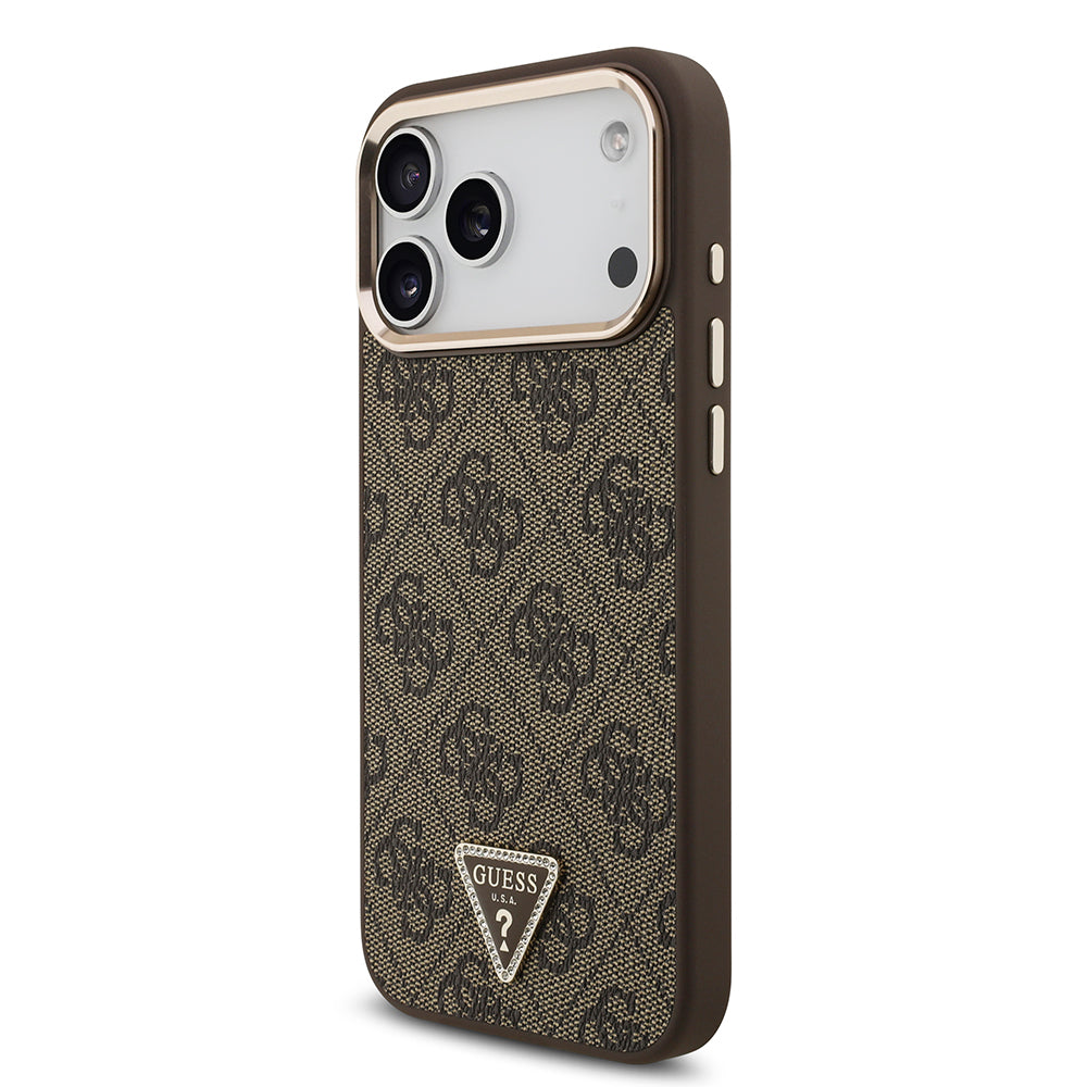 Apple iPhone 17 Pro Max Kılıf M-Safe Şarj Özellikli Guess Gold Metal Kamera Çerçeveli Taşlı Üçgen Logolu Kapak Kahverengi