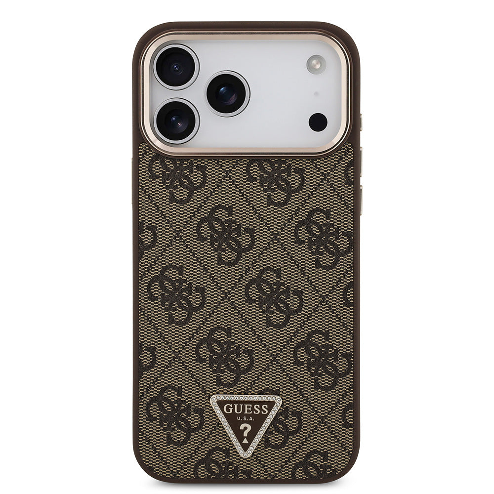 Apple iPhone 17 Pro Max Kılıf M-Safe Şarj Özellikli Guess Gold Metal Kamera Çerçeveli Taşlı Üçgen Logolu Kapak Kahverengi