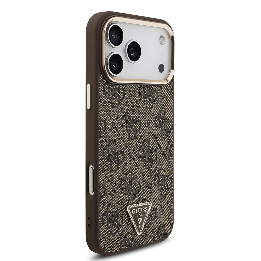 Apple iPhone 17 Pro Max Kılıf M-Safe Şarj Özellikli Guess Gold Metal Kamera Çerçeveli Taşlı Üçgen Logolu Kapak Kahverengi