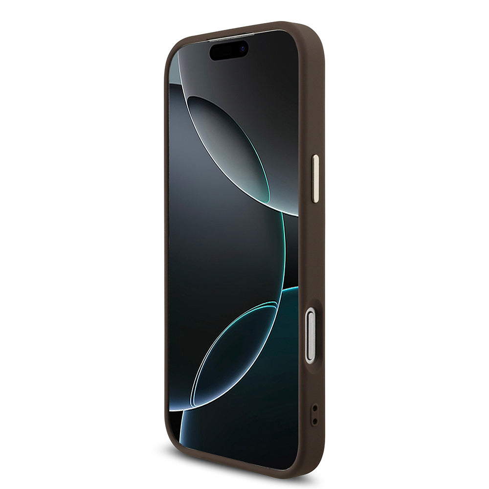 Apple iPhone 17 Pro Max Kılıf M-Safe Şarj Özellikli Guess Gold Metal Kamera Çerçeveli Taşlı Üçgen Logolu Kapak Kahverengi