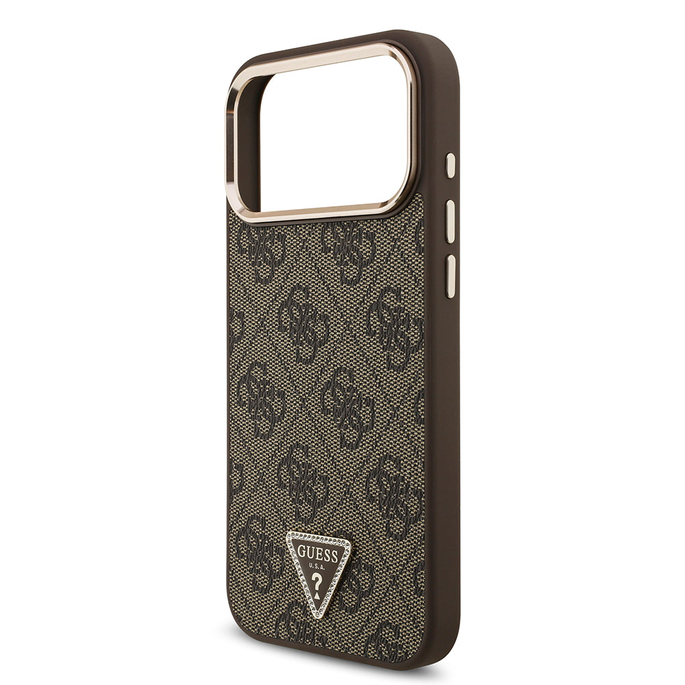 Apple iPhone 17 Pro Max Kılıf M-Safe Şarj Özellikli Guess Gold Metal Kamera Çerçeveli Taşlı Üçgen Logolu Kapak Kahverengi