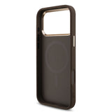 Apple iPhone 17 Pro Max Kılıf M-Safe Şarj Özellikli Guess Gold Metal Kamera Çerçeveli Taşlı Üçgen Logolu Kapak Kahverengi