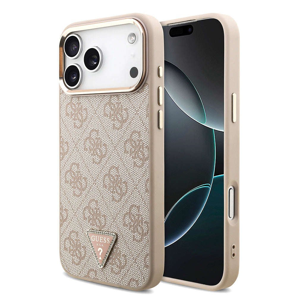 Apple iPhone 17 Pro Max Kılıf M-Safe Şarj Özellikli Guess Gold Metal Kamera Çerçeveli Taşlı Üçgen Logolu Kapak Pembe