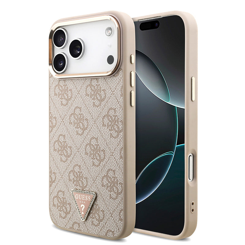 Apple iPhone 17 Pro Max Kılıf M-Safe Şarj Özellikli Guess Gold Metal Kamera Çerçeveli Taşlı Üçgen Logolu Kapak Pembe