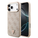 Apple iPhone 17 Pro Max Kılıf M-Safe Şarj Özellikli Guess Gold Metal Kamera Çerçeveli Taşlı Üçgen Logolu Kapak Pembe