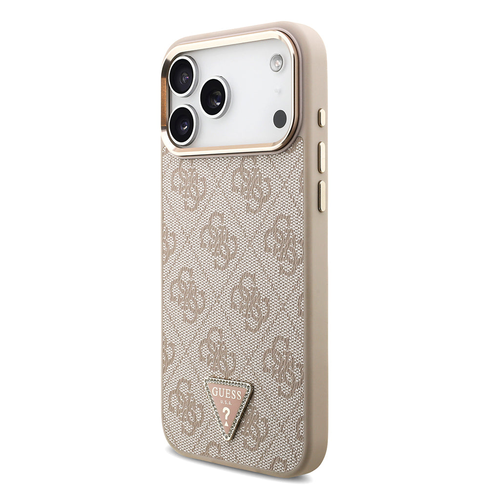 Apple iPhone 17 Pro Max Kılıf M-Safe Şarj Özellikli Guess Gold Metal Kamera Çerçeveli Taşlı Üçgen Logolu Kapak Pembe