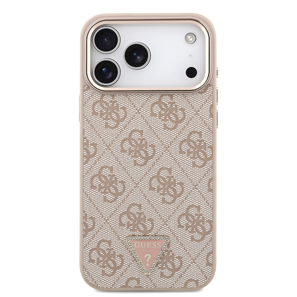 Apple iPhone 17 Pro Max Kılıf M-Safe Şarj Özellikli Guess Gold Metal Kamera Çerçeveli Taşlı Üçgen Logolu Kapak Pembe