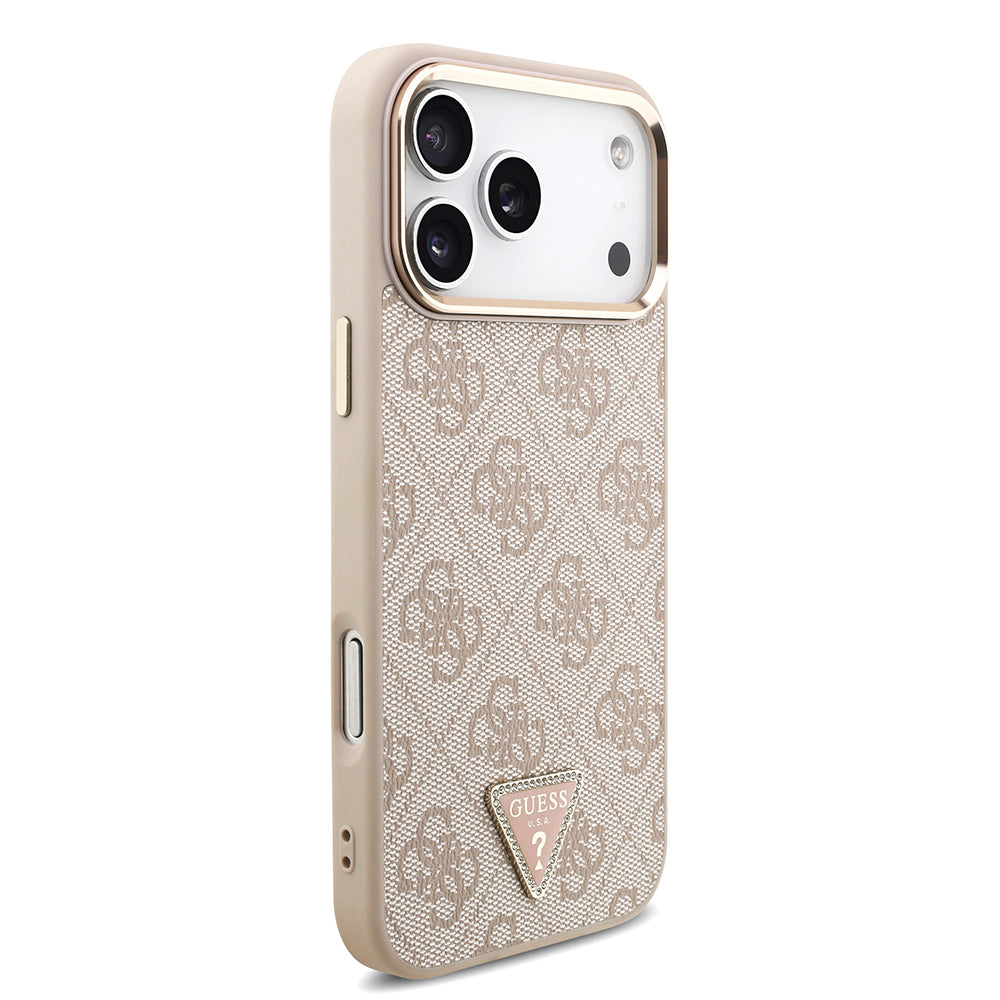 Apple iPhone 17 Pro Max Kılıf M-Safe Şarj Özellikli Guess Gold Metal Kamera Çerçeveli Taşlı Üçgen Logolu Kapak Pembe