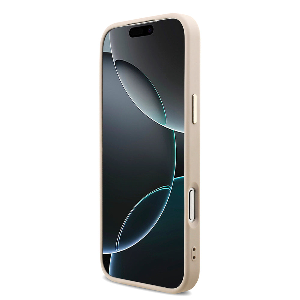 Apple iPhone 17 Pro Max Kılıf M-Safe Şarj Özellikli Guess Gold Metal Kamera Çerçeveli Taşlı Üçgen Logolu Kapak Pembe
