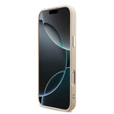 Apple iPhone 17 Pro Max Kılıf M-Safe Şarj Özellikli Guess Gold Metal Kamera Çerçeveli Taşlı Üçgen Logolu Kapak Pembe