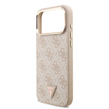 Apple iPhone 17 Pro Max Kılıf M-Safe Şarj Özellikli Guess Gold Metal Kamera Çerçeveli Taşlı Üçgen Logolu Kapak Pembe