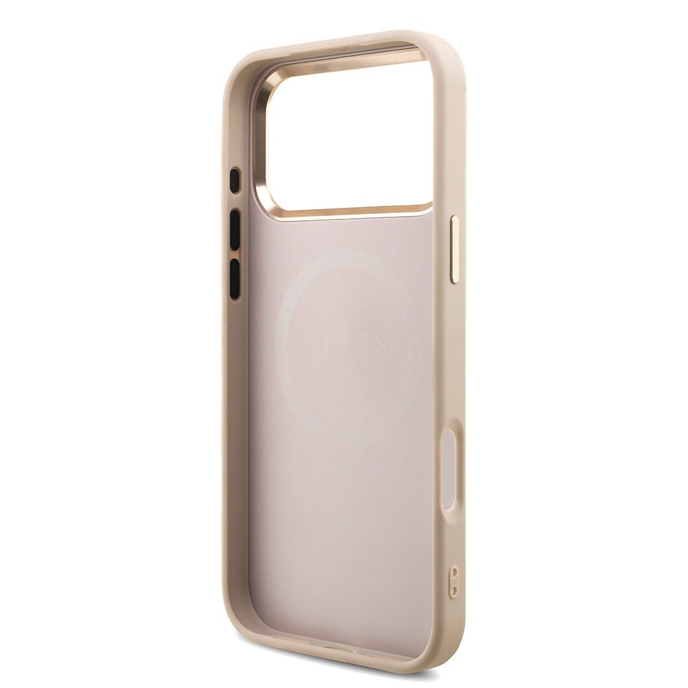 Apple iPhone 17 Pro Max Kılıf M-Safe Şarj Özellikli Guess Gold Metal Kamera Çerçeveli Taşlı Üçgen Logolu Kapak Pembe