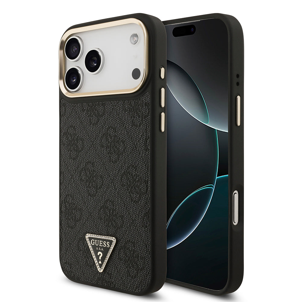 Apple iPhone 17 Pro Max Kılıf M-Safe Şarj Özellikli Guess Gold Metal Kamera Çerçeveli Taşlı Üçgen Logolu Kapak Siyah
