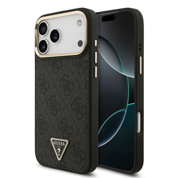 Apple iPhone 17 Pro Max Kılıf M-Safe Şarj Özellikli Guess Gold Metal Kamera Çerçeveli Taşlı Üçgen Logolu Kapak Siyah