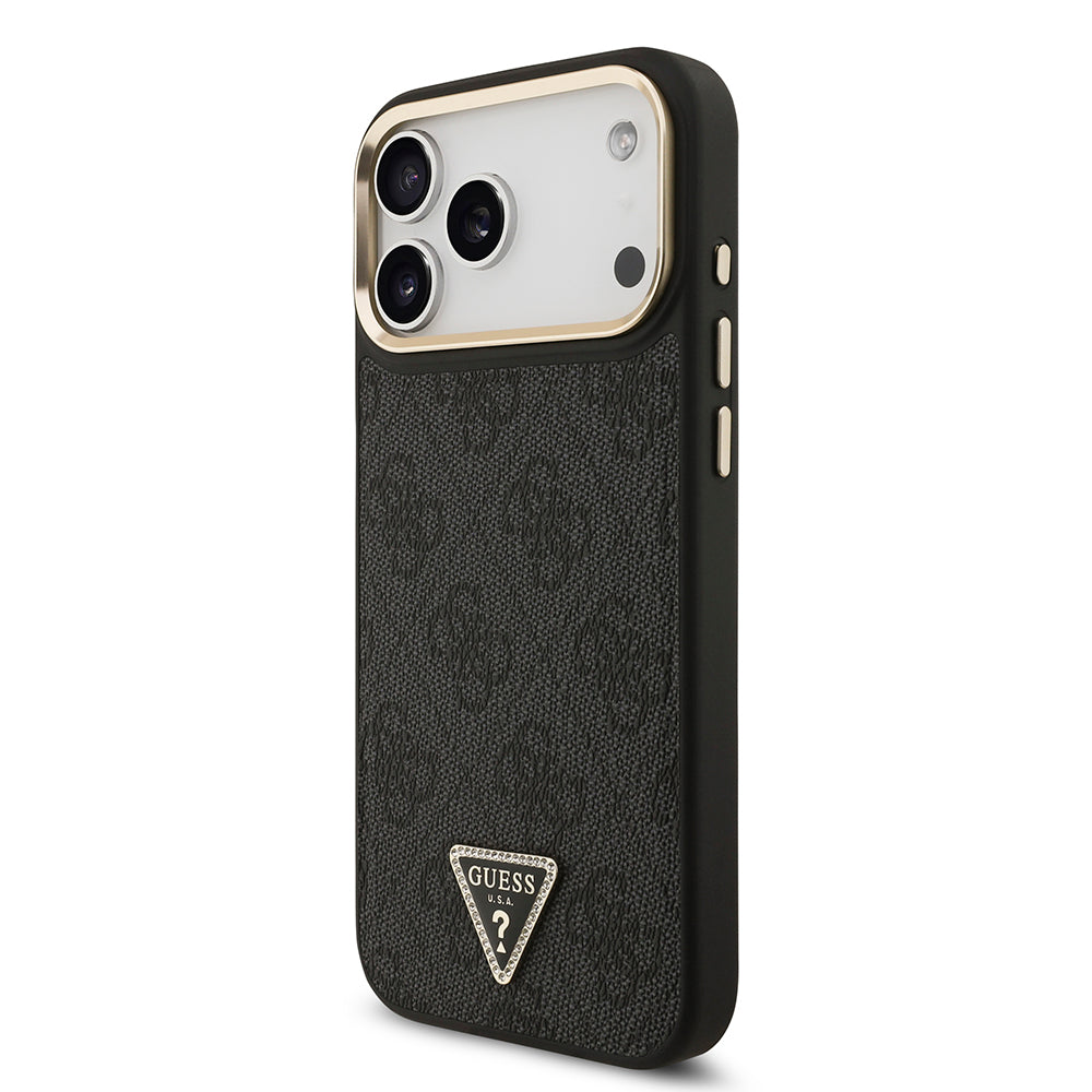 Apple iPhone 17 Pro Max Kılıf M-Safe Şarj Özellikli Guess Gold Metal Kamera Çerçeveli Taşlı Üçgen Logolu Kapak Siyah