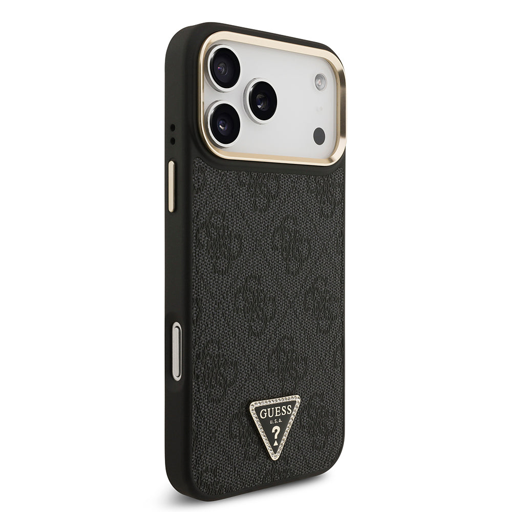 Apple iPhone 17 Pro Max Kılıf M-Safe Şarj Özellikli Guess Gold Metal Kamera Çerçeveli Taşlı Üçgen Logolu Kapak Siyah