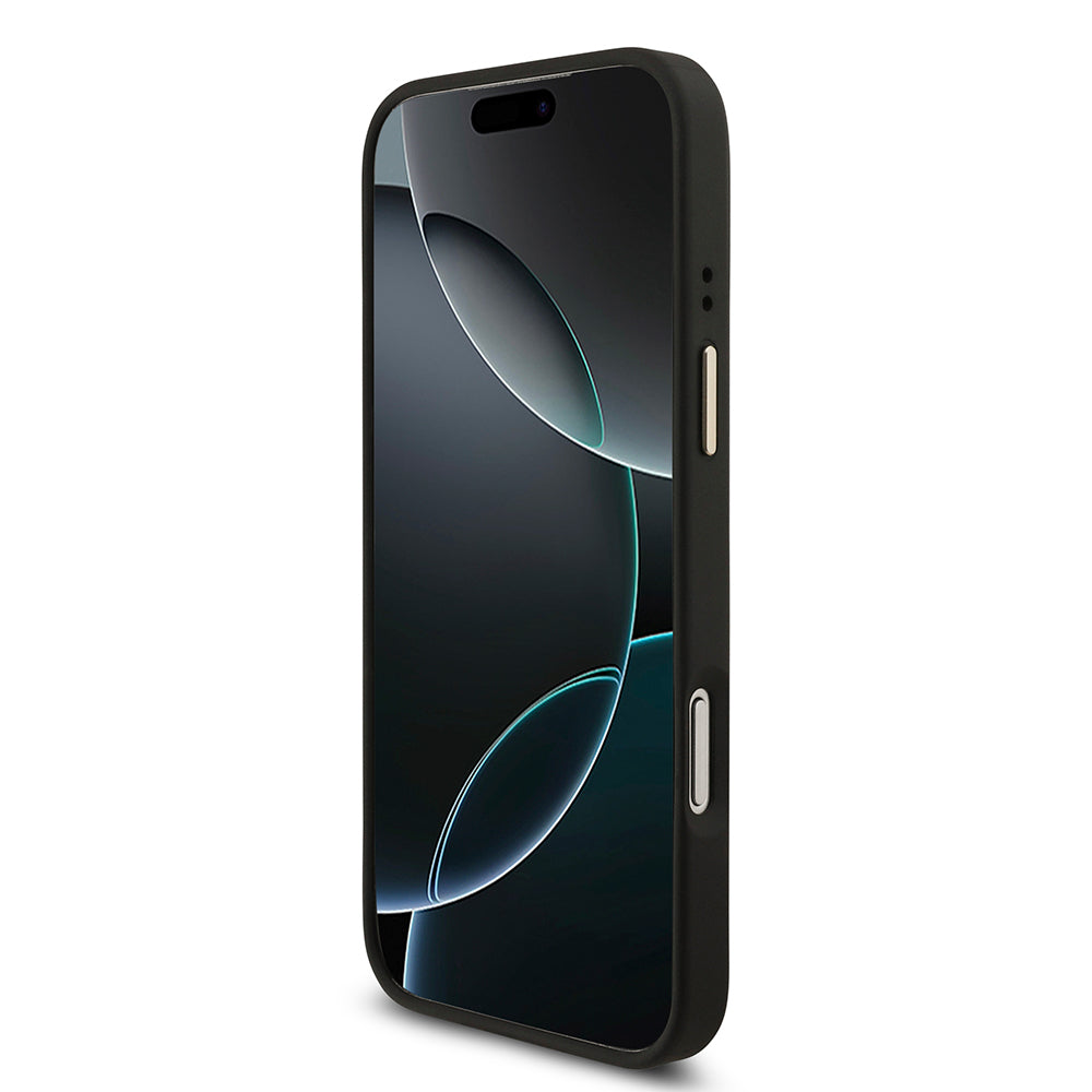 Apple iPhone 17 Pro Max Kılıf M-Safe Şarj Özellikli Guess Gold Metal Kamera Çerçeveli Taşlı Üçgen Logolu Kapak Siyah