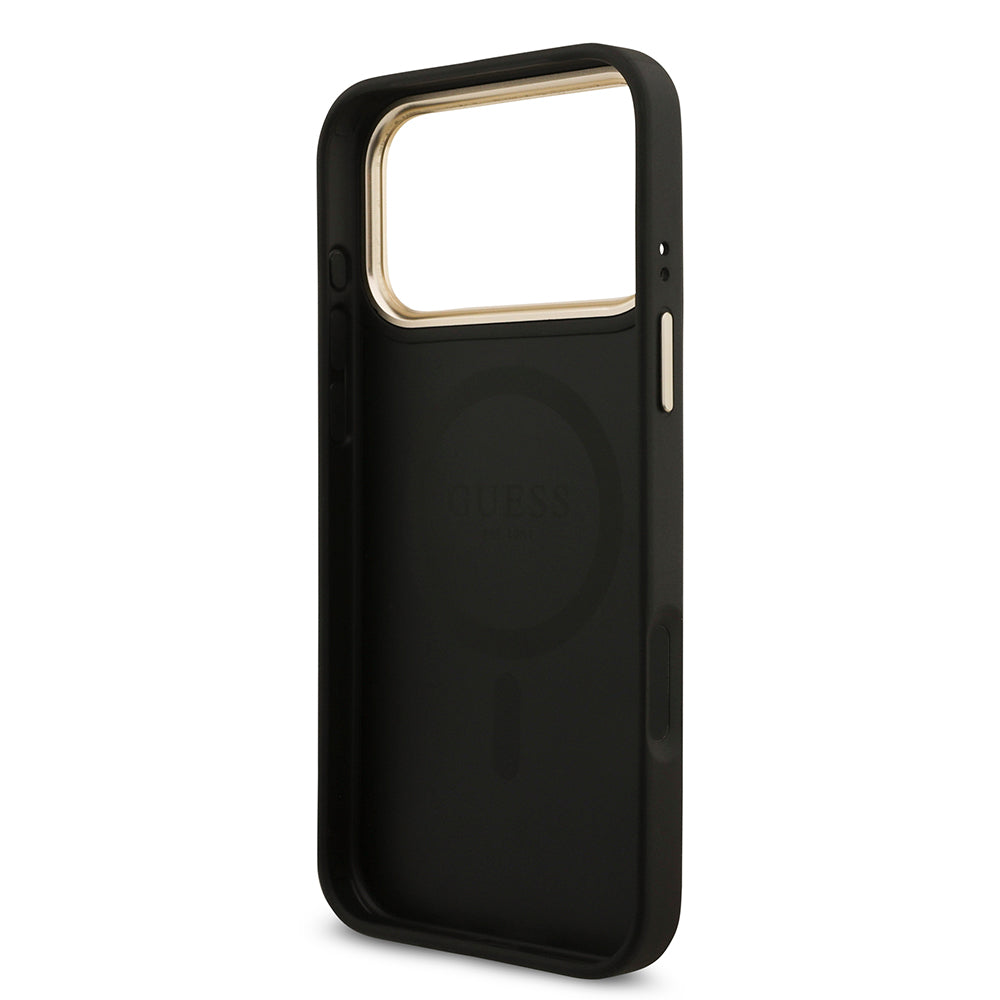 Apple iPhone 17 Pro Max Kılıf M-Safe Şarj Özellikli Guess Gold Metal Kamera Çerçeveli Taşlı Üçgen Logolu Kapak Siyah