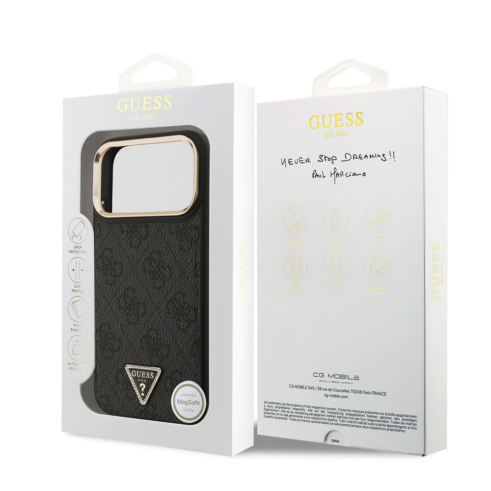 Apple iPhone 17 Pro Max Kılıf M-Safe Şarj Özellikli Guess Gold Metal Kamera Çerçeveli Taşlı Üçgen Logolu Kapak Siyah