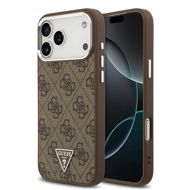 Apple iPhone 17 Pro Max Kılıf M-Safe Şarj Özellikli Guess Gümüş Metal Kamera Çerçeveli Taşlı Üçgen Logolu Kapak Kahverengi