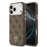 Apple iPhone 17 Pro Max Kılıf M-Safe Şarj Özellikli Guess Gümüş Metal Kamera Çerçeveli Taşlı Üçgen Logolu Kapak Kahverengi