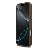 Apple iPhone 17 Pro Max Kılıf M-Safe Şarj Özellikli Guess Gümüş Metal Kamera Çerçeveli Taşlı Üçgen Logolu Kapak Kahverengi