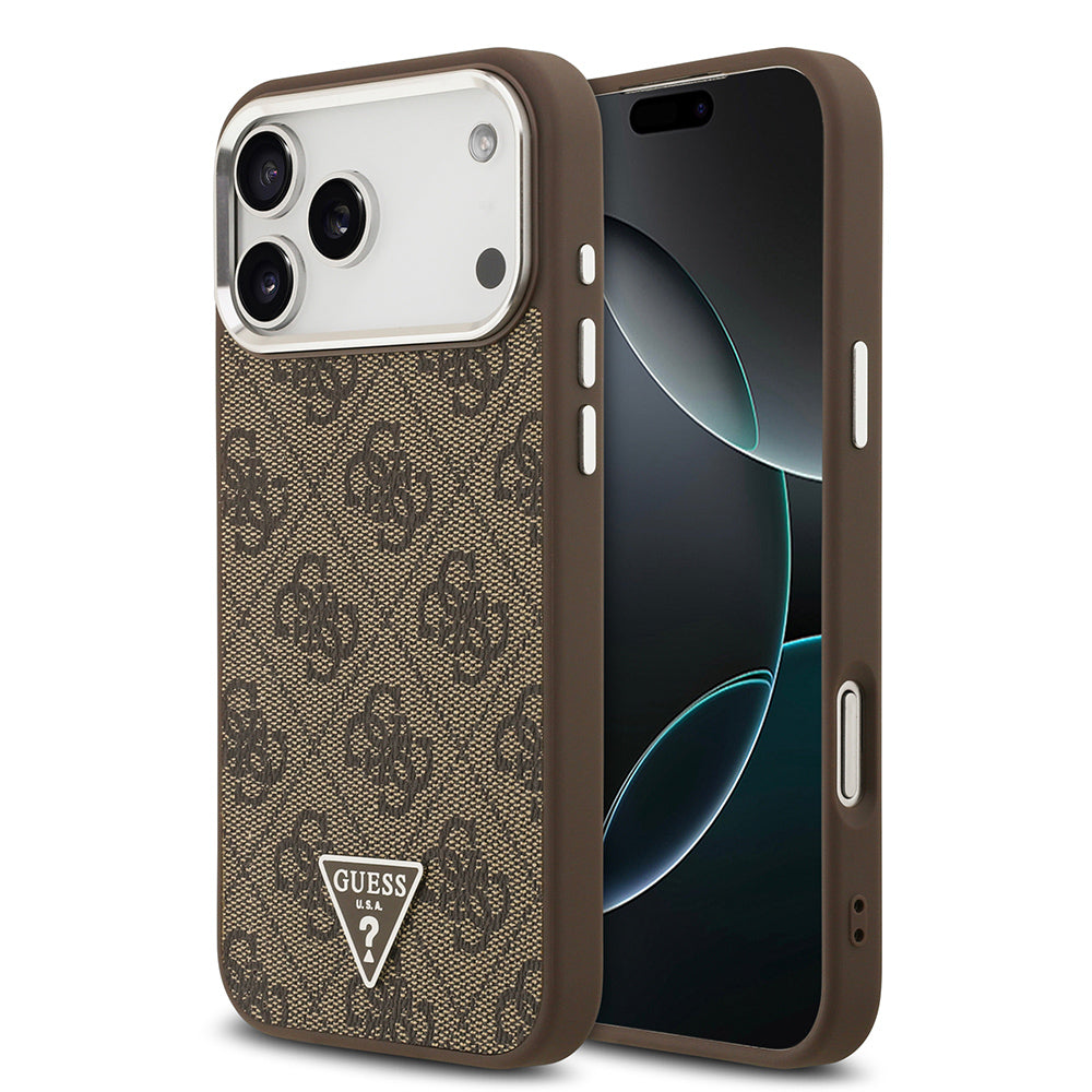 Apple iPhone 17 Pro Max Kılıf M-Safe Şarj Özellikli Guess Gümüş Metal Kamera Çerçeveli Üçgen Logolu Kapak Kahverengi