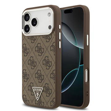 Apple iPhone 17 Pro Max Kılıf M-Safe Şarj Özellikli Guess Gümüş Metal Kamera Çerçeveli Üçgen Logolu Kapak Kahverengi