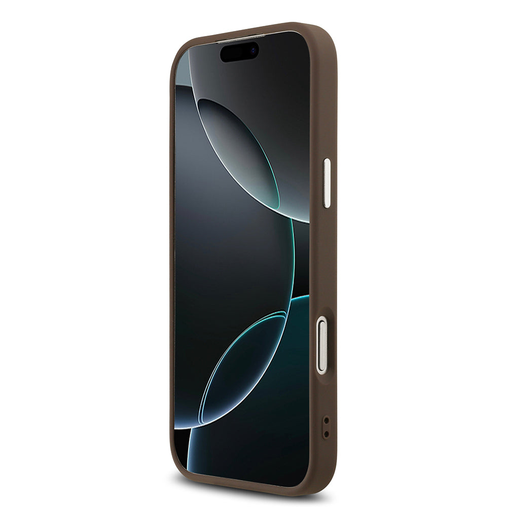 Apple iPhone 17 Pro Max Kılıf M-Safe Şarj Özellikli Guess Gümüş Metal Kamera Çerçeveli Üçgen Logolu Kapak Kahverengi
