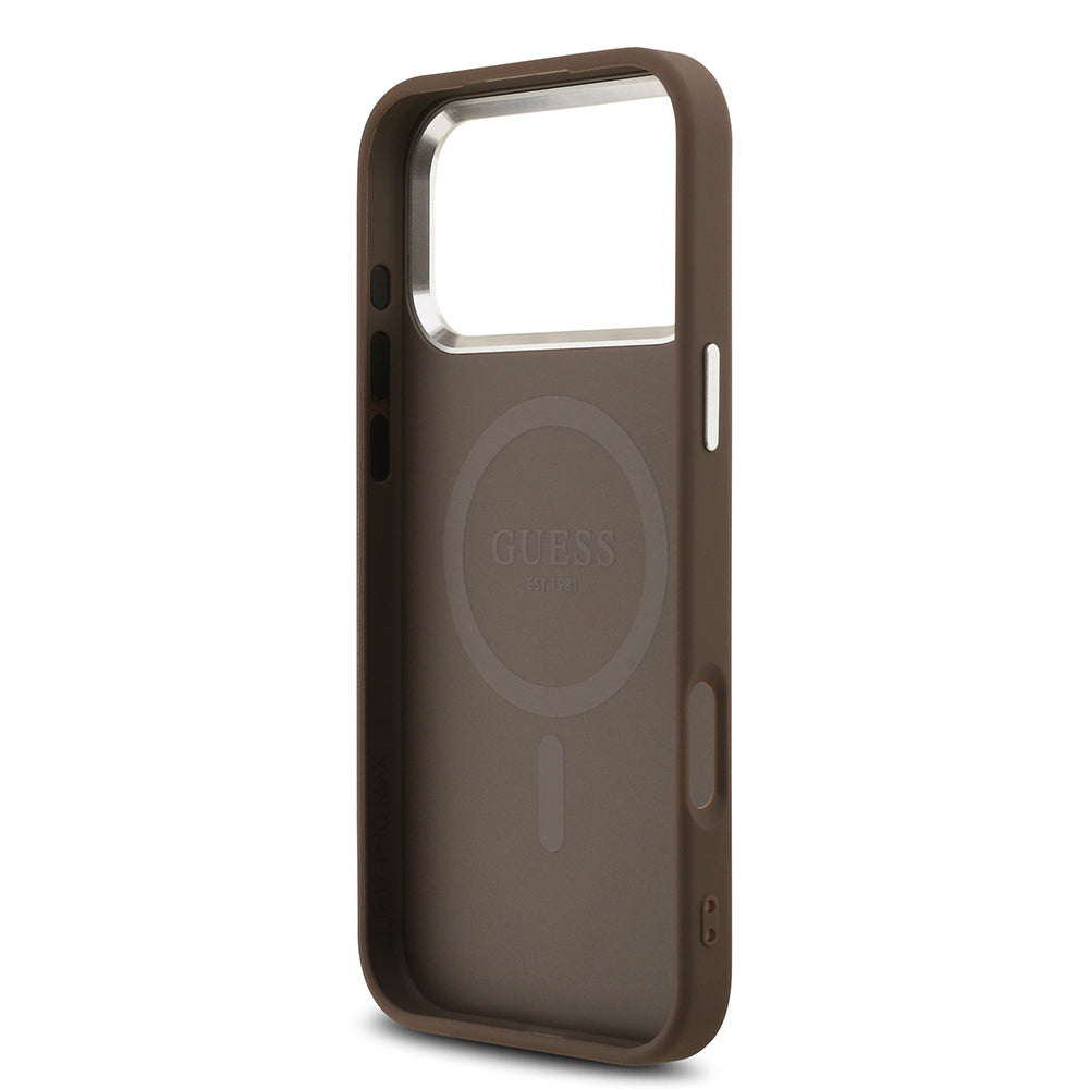 Apple iPhone 17 Pro Max Kılıf M-Safe Şarj Özellikli Guess Gümüş Metal Kamera Çerçeveli Üçgen Logolu Kapak Kahverengi