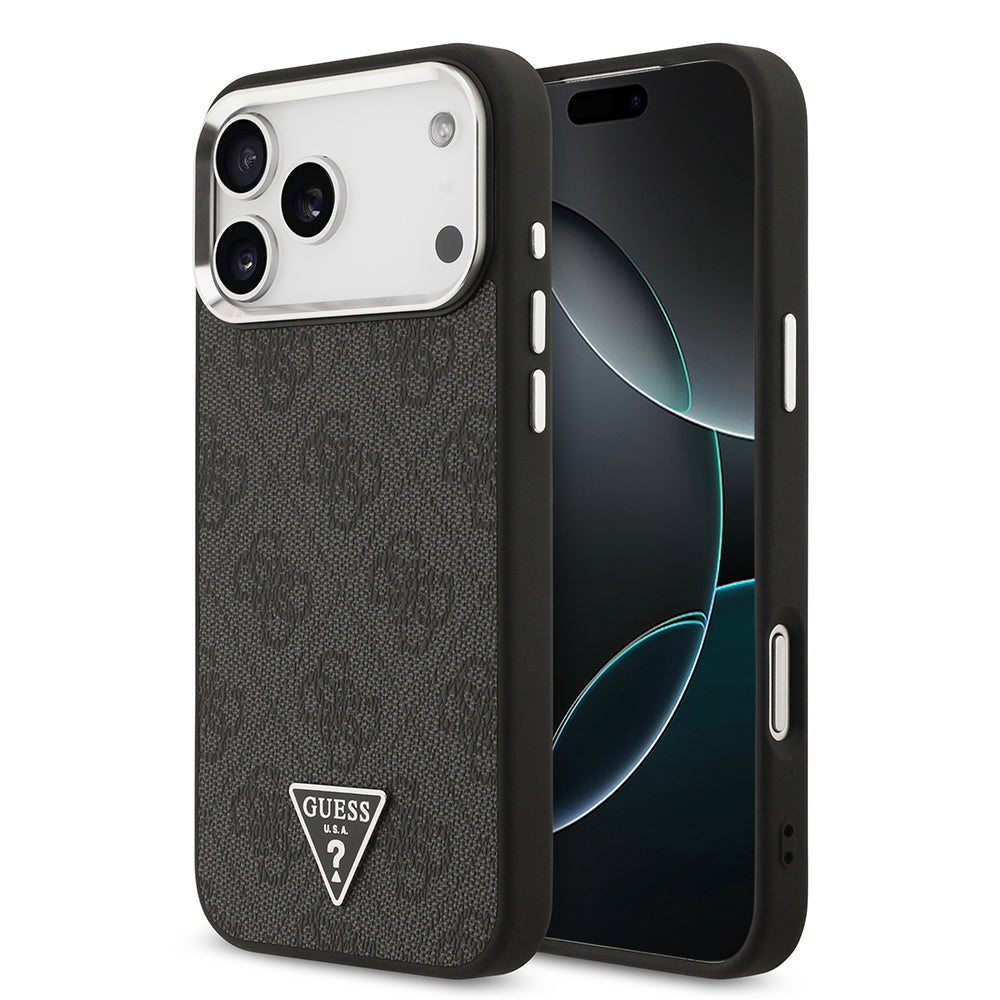 Apple iPhone 17 Pro Max Kılıf M-Safe Şarj Özellikli Guess Gümüş Metal Kamera Çerçeveli Üçgen Logolu Kapak Siyah
