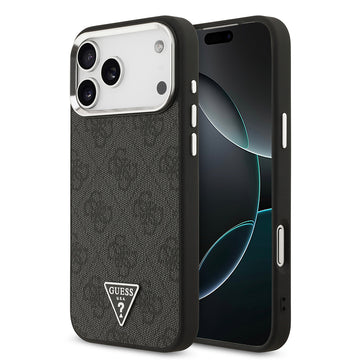 Apple iPhone 17 Pro Max Kılıf M-Safe Şarj Özellikli Guess Gümüş Metal Kamera Çerçeveli Üçgen Logolu Kapak Siyah