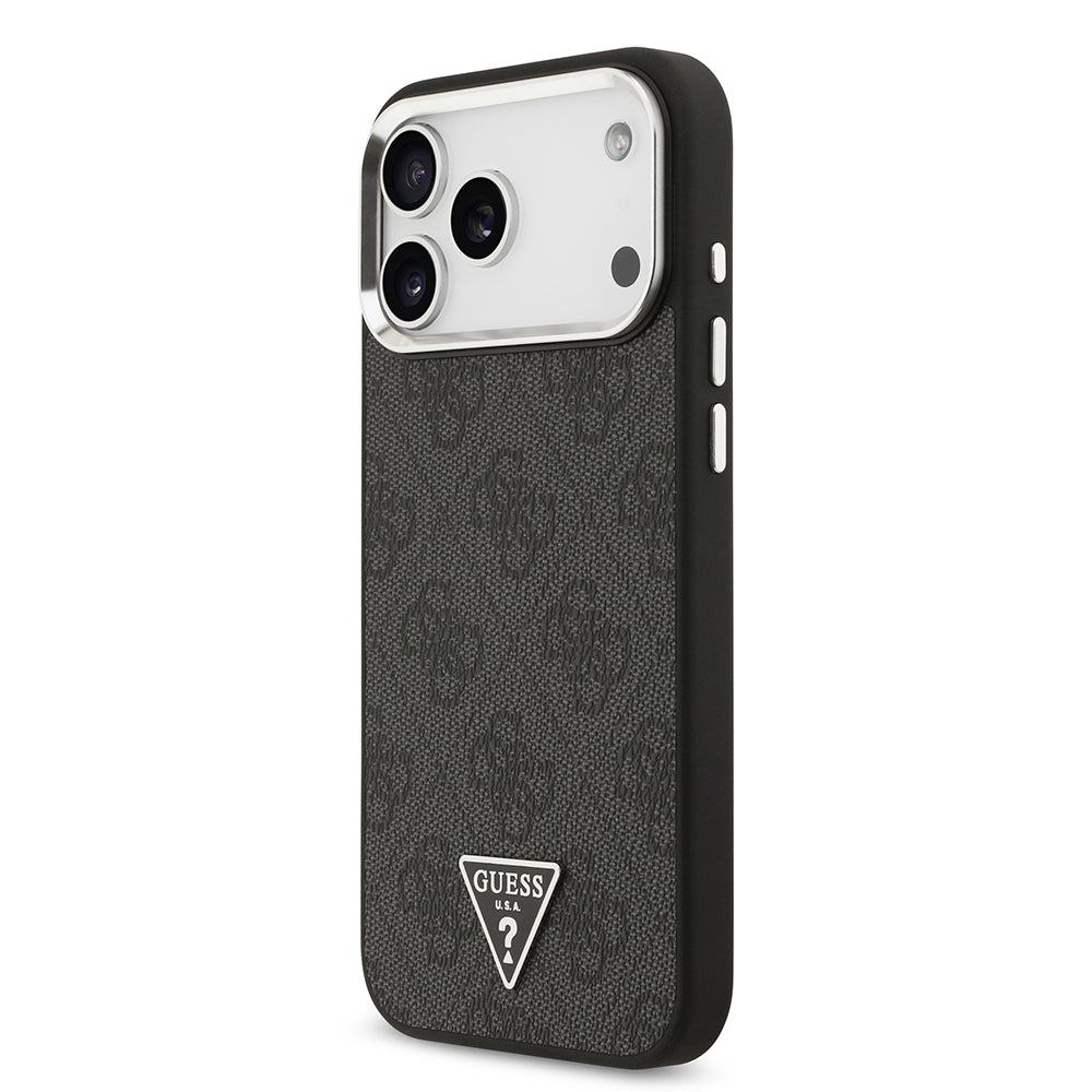 Apple iPhone 17 Pro Max Kılıf M-Safe Şarj Özellikli Guess Gümüş Metal Kamera Çerçeveli Üçgen Logolu Kapak Siyah
