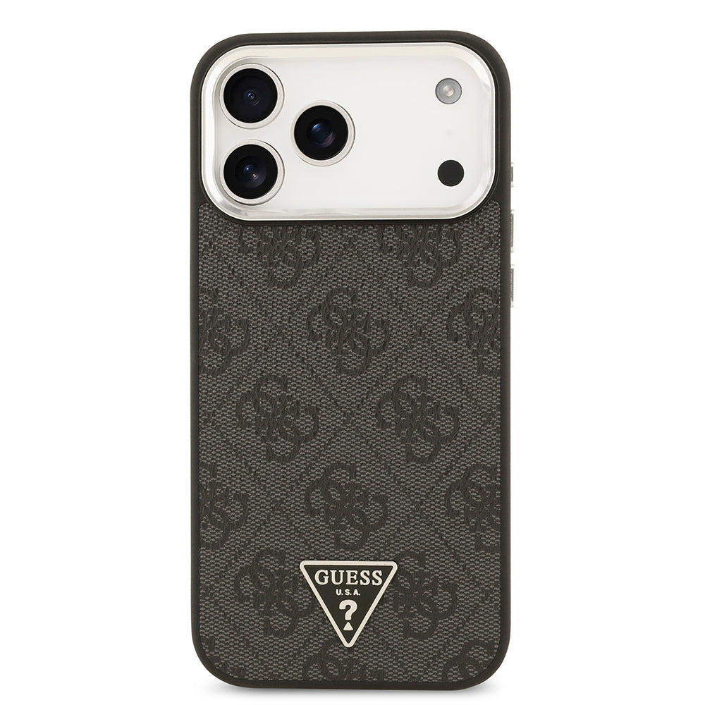 Apple iPhone 17 Pro Max Kılıf M-Safe Şarj Özellikli Guess Gümüş Metal Kamera Çerçeveli Üçgen Logolu Kapak Siyah