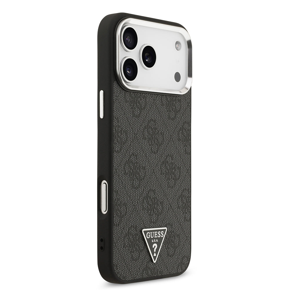 Apple iPhone 17 Pro Max Kılıf M-Safe Şarj Özellikli Guess Gümüş Metal Kamera Çerçeveli Üçgen Logolu Kapak Siyah