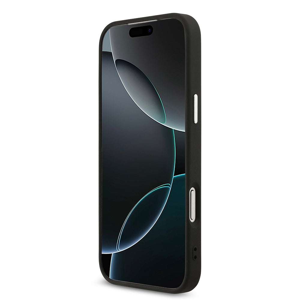 Apple iPhone 17 Pro Max Kılıf M-Safe Şarj Özellikli Guess Gümüş Metal Kamera Çerçeveli Üçgen Logolu Kapak Siyah