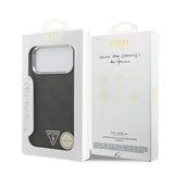 Apple iPhone 17 Pro Max Kılıf M-Safe Şarj Özellikli Guess Gümüş Metal Kamera Çerçeveli Üçgen Logolu Kapak Siyah