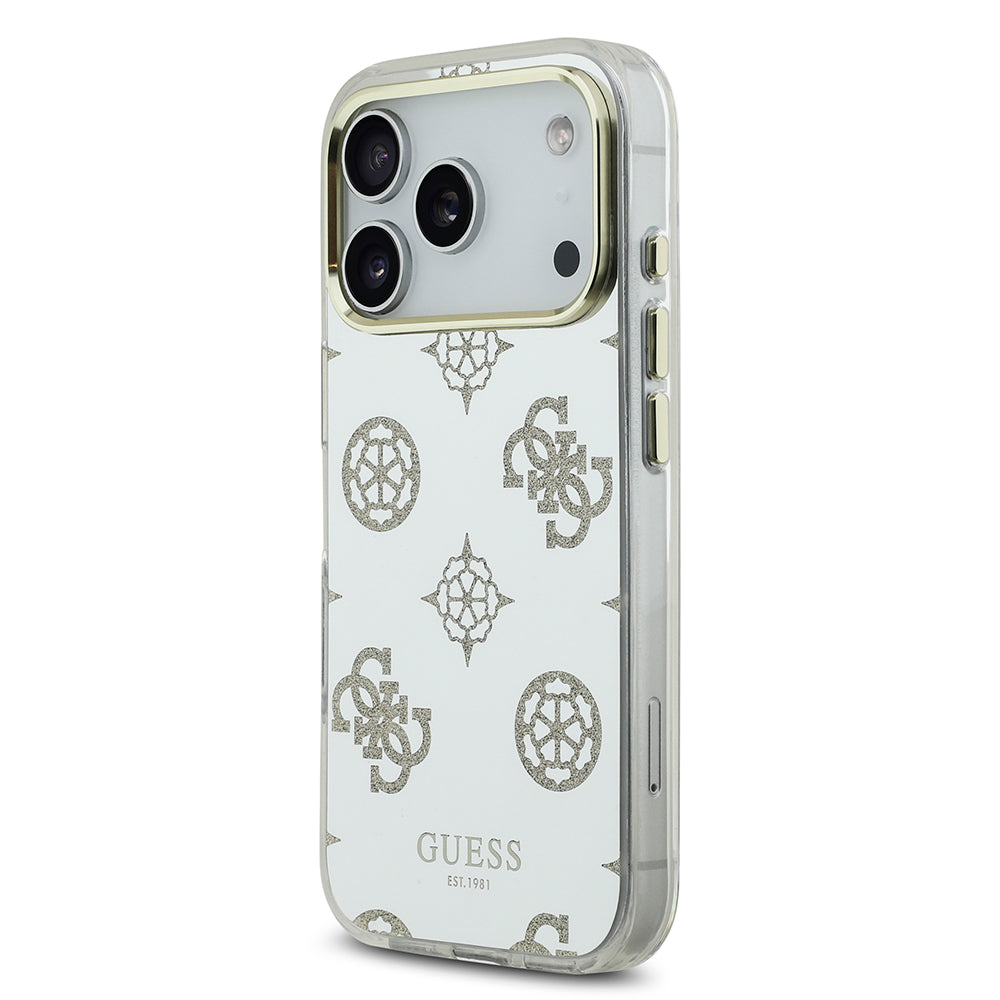 Apple iPhone 17 Pro Max Kılıf M-Safe Şarj Özellikli Guess Metal Kamera Çerçeveli Peony Simli Aynalı Kapak Gold