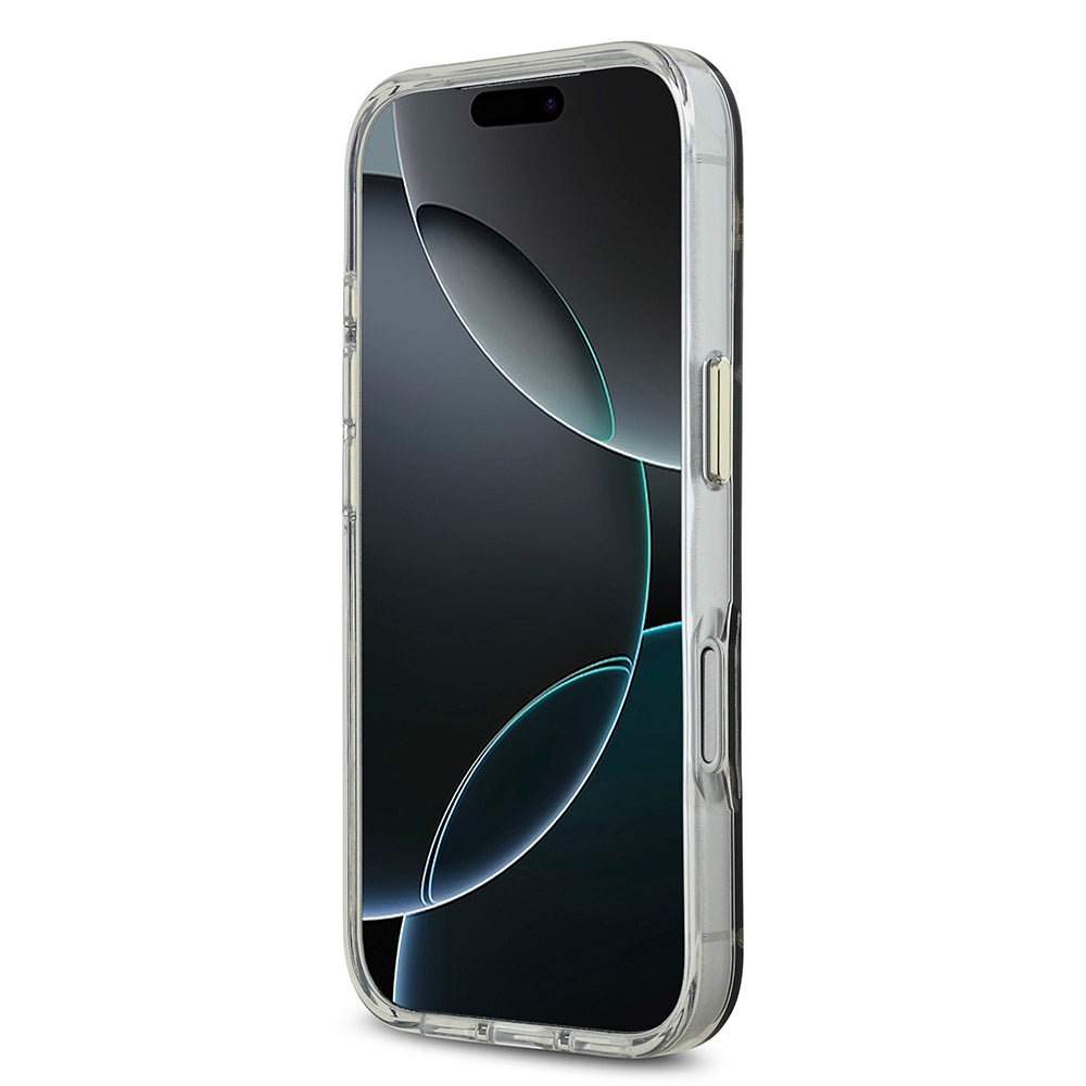 Apple iPhone 17 Pro Max Kılıf M-Safe Şarj Özellikli Guess Metal Kamera Çerçeveli Peony Simli Aynalı Kapak Gold